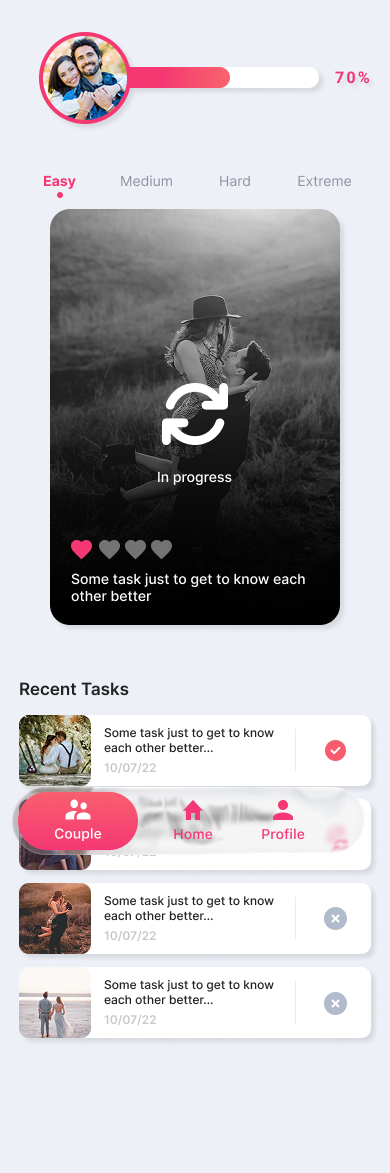 TryMe app screenshot showing a couple's shared task list